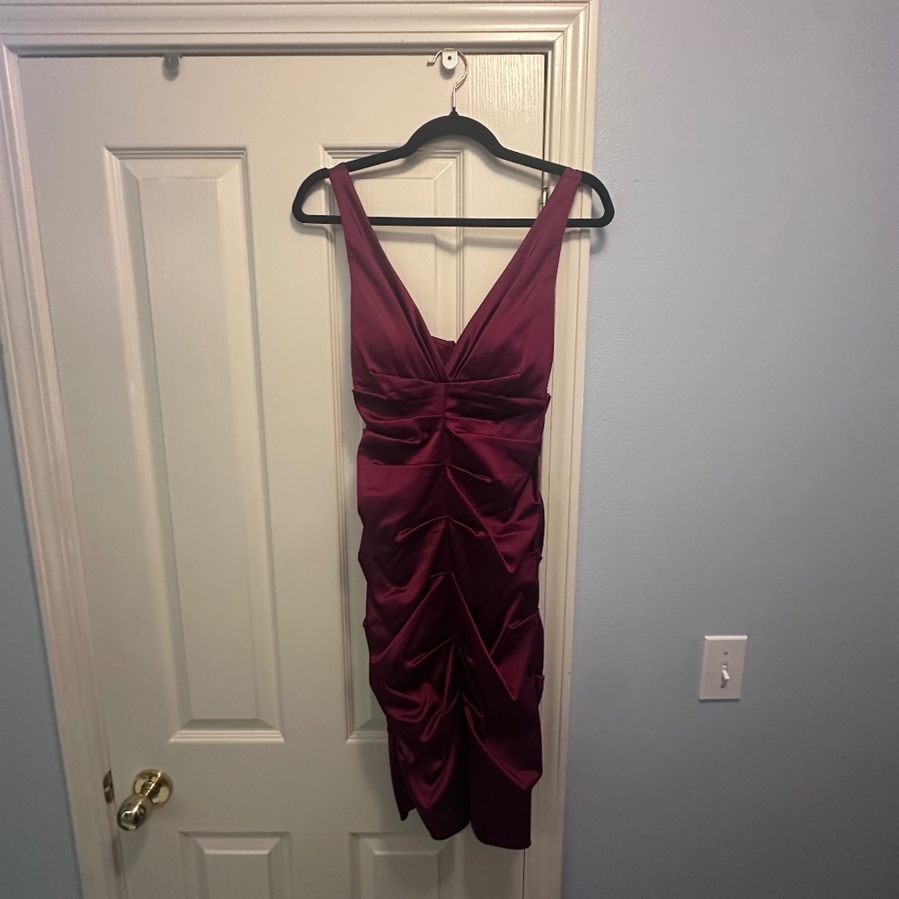 Deep Red Satin Ruched Cocktail Dress - Xscape Size 8